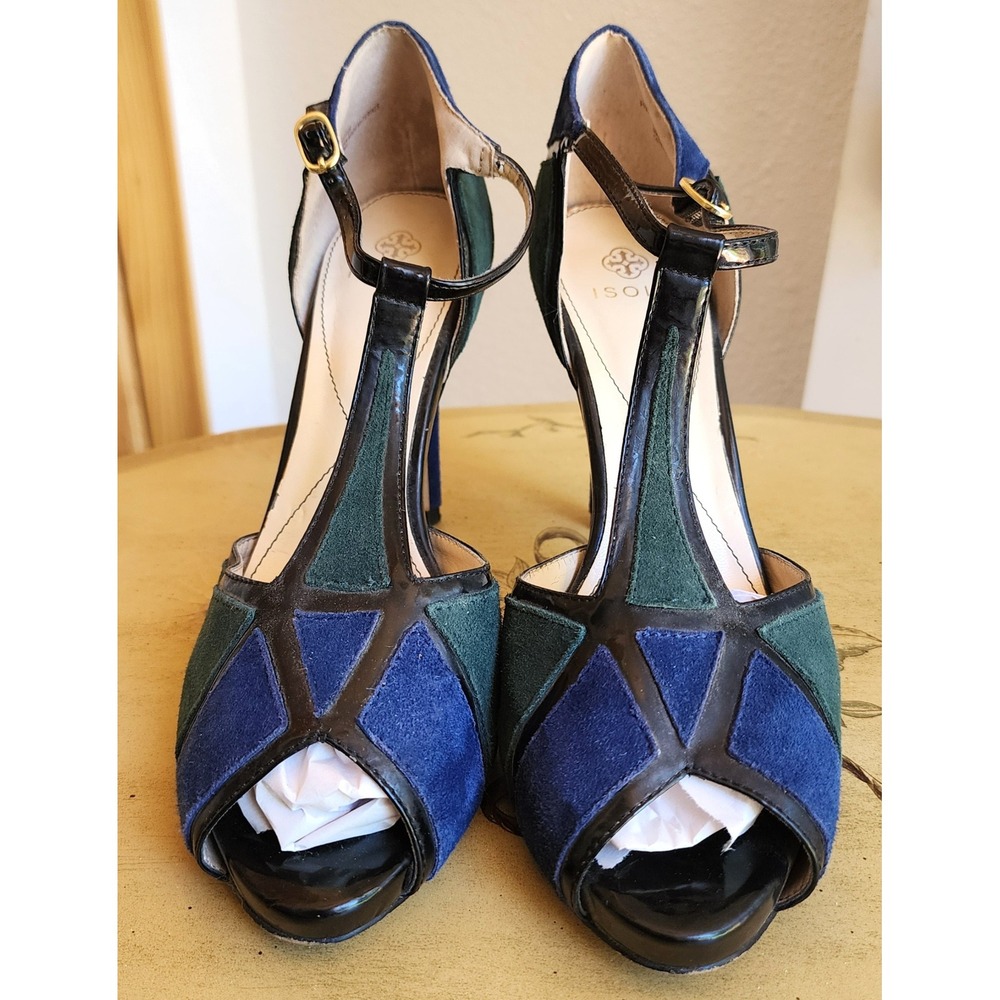 Isola US 9.5‎ Blue Green Suede Art Deco Mary Jane T Strap Heels Mod Peep Toe